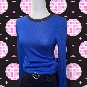 90s Vintage Rachel Roy Sparkling Royal Blue Long Sleeve Semi Sheer Mesh Top